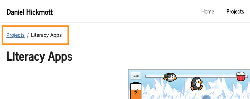 A screenshot of the 'Literacy Apps' project page on this website, which has a breadcrumb link with the text 'Projects / Literacy Apps' that is highlighted by an orange rectangle.
