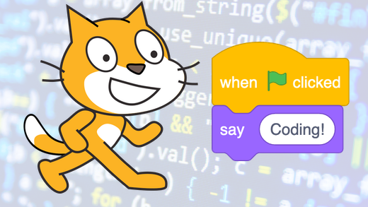 The cartoon Scratch cat next to two Scratch coding blocks. One block says 'When green flag clicked' and the other says 'say Coding!'.