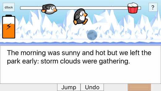 A screenshot from the Sentence Hero game, showing a penguin jumping over a rolling boulder.