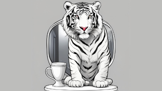 A white tiger infront of a mirror and next to a mug in cartoon style, the image has been generated with AI.