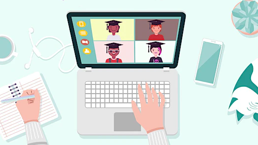 A person's hands, with one hand writing in a notebook and the other on a laptop that shows students in a video chat, in cartoon style.